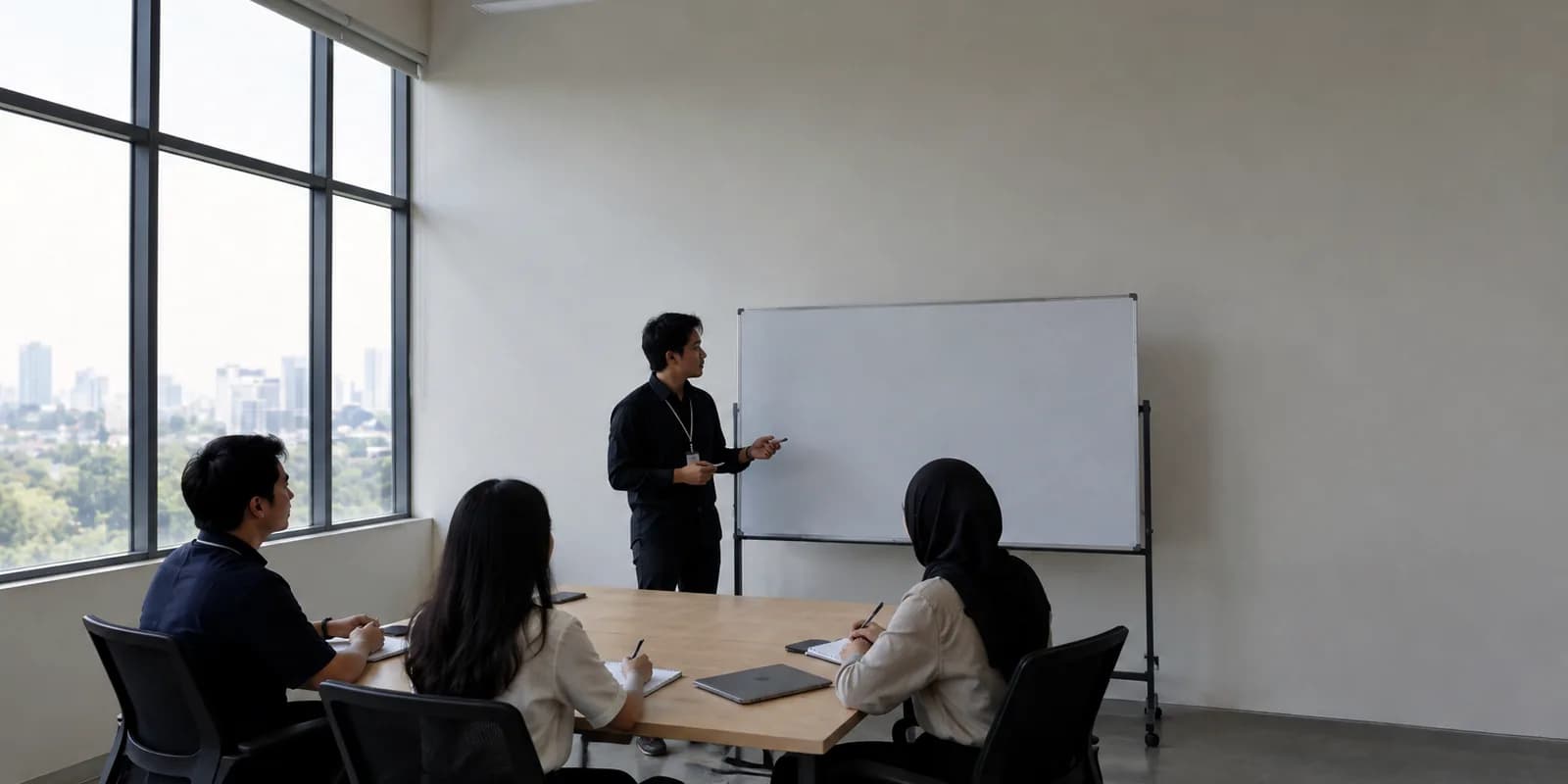 Sesi pelatihan internal di ruang rapat kantor: satu orang berdiri di dekat papan tulis, tiga lainnya duduk mencatat.